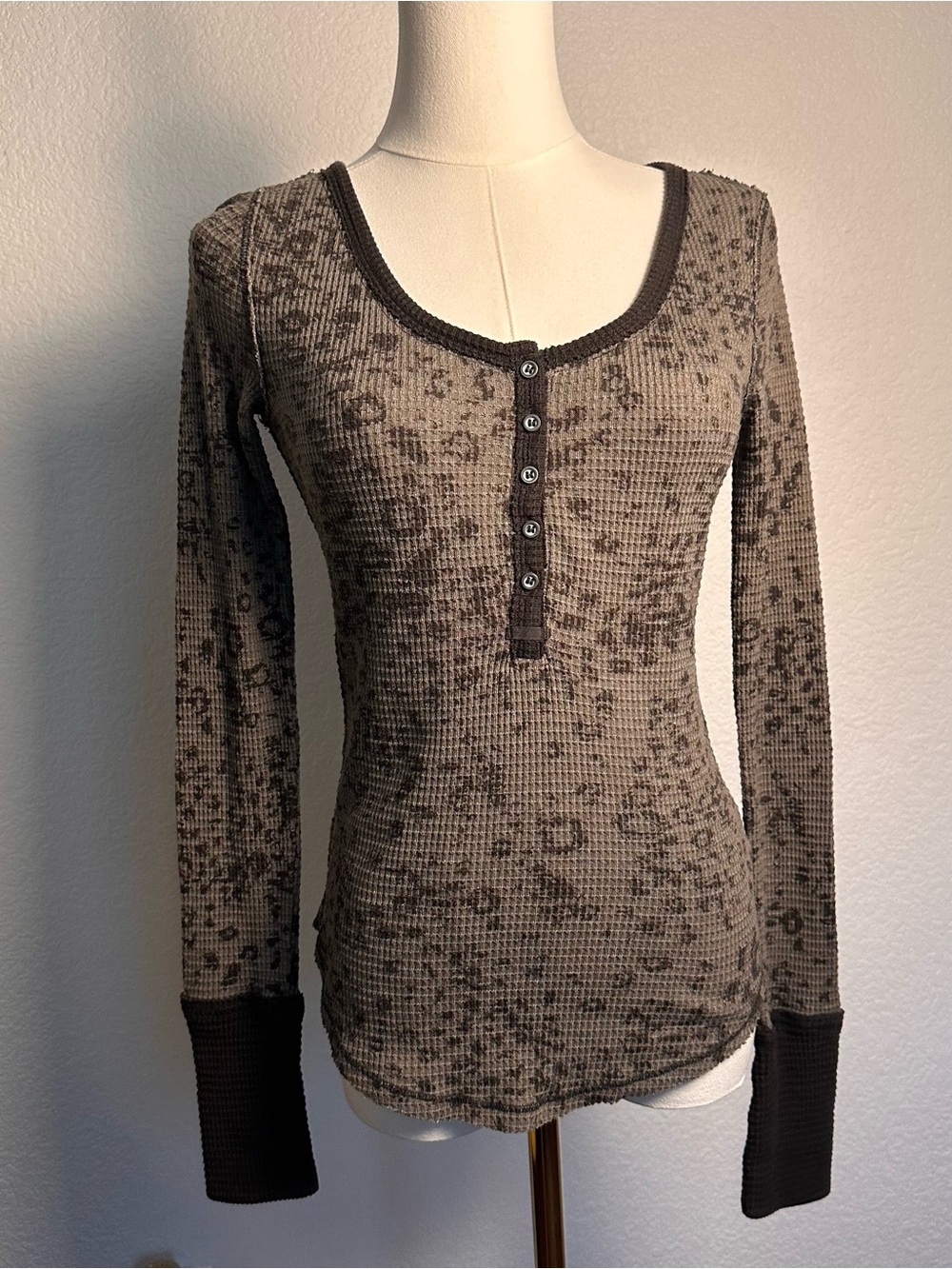 Free People Scoop Neck Waffle Henley Top in gray and black/brown